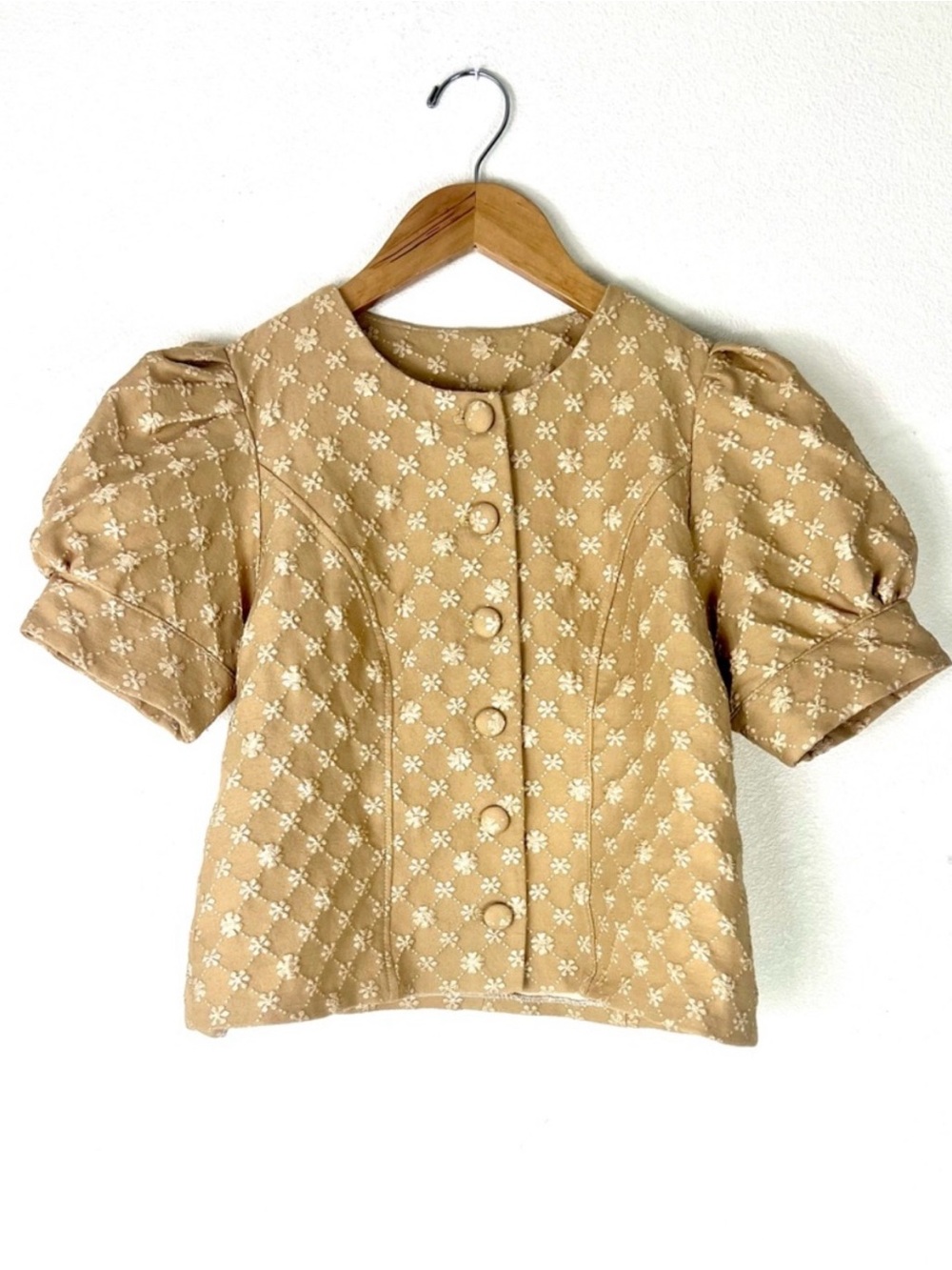 Vintage Quilted Polka Dot Floral Puff Sleeve Button Up Top Sleeve Jacket Medium